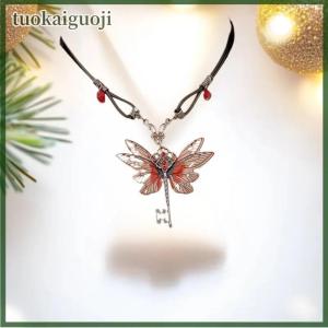 tuokaiguoji Y2K Dragonfly Key Red Zircon Necklace Pendant Wings Retro Punk Leather Hip Hop Choker Trendy Womens Jewelry Gifts
