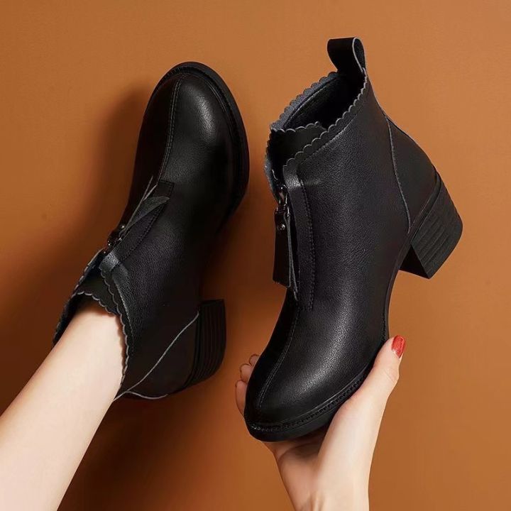 【COD】Black Boots For Women Black Shoes Thick Sole High Cut Ankle Boots  Leather Shoes For Women Lazada PH