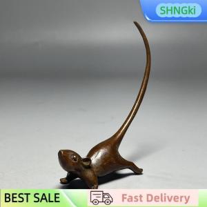 SHNGki Long Tail Mouse Miniature Figurine Chinese Style Tea Pet Vintage Pure Copper Rat Ornament Home Decoration Accessories