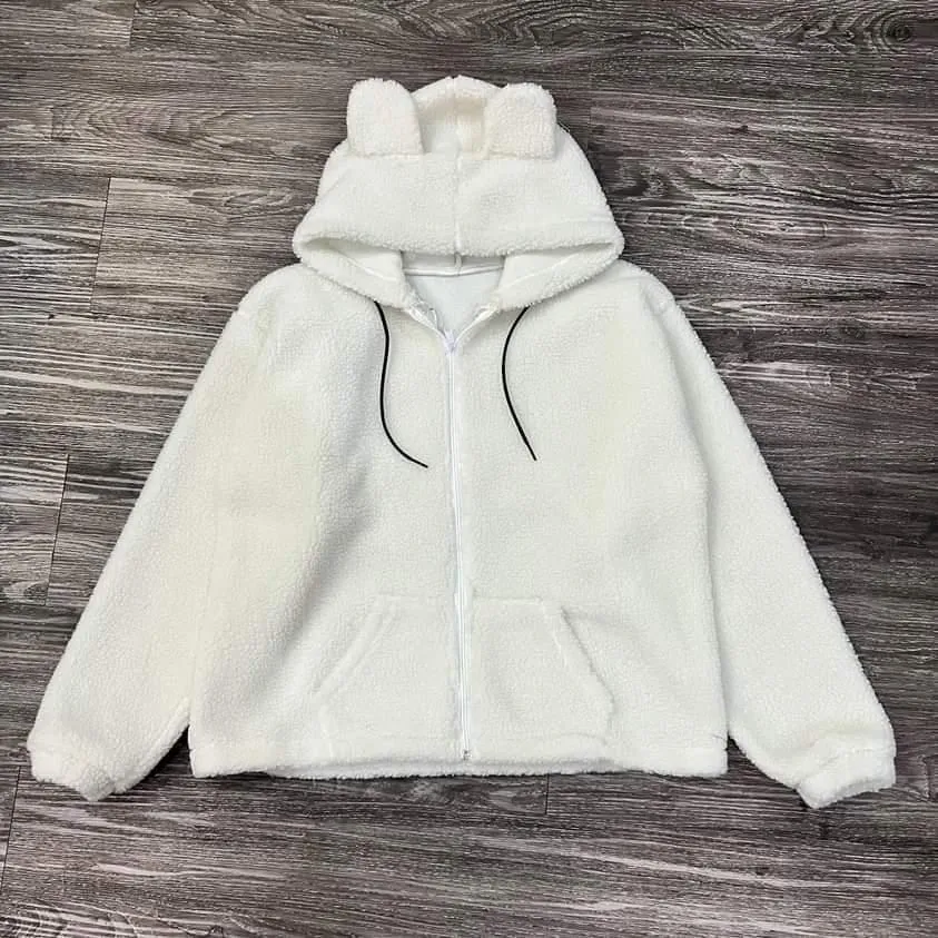 Sweater Hoodie Zip Cute Sherpa Bulu Domba Pakaian Wanita