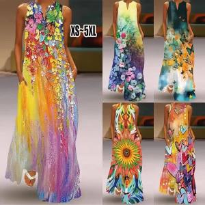 2023 New Europe and America Cross Border Independent Station Womens Sleeveless Maxi Dress v Collar Lavender Vintage Print Dress ㏇L0514