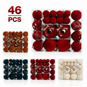 UNIITY 46Pcs Thiết kế dạng nhóm Quả bóng Giáng sinh phủ nhung Nhiều màu sắc Vẽ bằng tay trang trí được sơn màu. Lễ hội Nhựa Đồ trang trí treo cây Dành cho gia đình