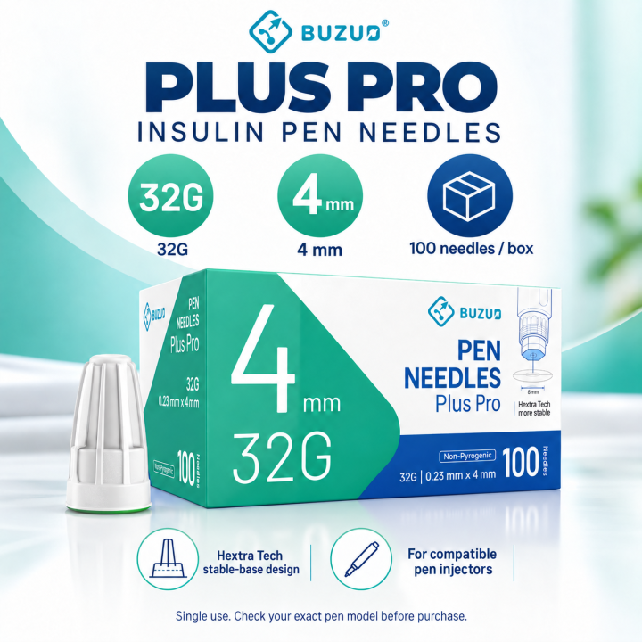 BUZUD Plus Pro Insulin Pen Needles 32G 4mm | 100 Sterile Single-Use ...