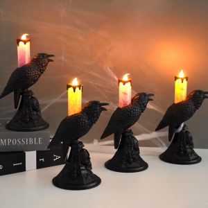 GONUUWGL ที่ส่องสว่างส่องสว่าง เชิงเทียนเรืองแสงรูปปั้นอีกาสีดำ เรโทร เหมือนจริงจริง โคมไฟโต๊ะ แสงบรรยากาศ โกธิค เทียน LED RAVEN ฮาโลวีน