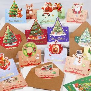 Christmas Greeting Card Set 9 Pcs 3D Pop Up Watercolor Design With Kraft Envelopes Gift Tags