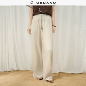 Giordano Women Linen-blend drawstring waist wide leg pants Free Shipping 18416710