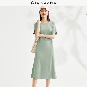 GIORDANO Women Dresses Cap Sleeve 100% Cotton Loose Dresses Crewneck Slant Pockets Solid Color Simple Casual Dresses 05463460