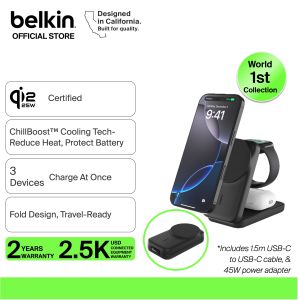Belkin WIZ036my UltraCharge 3in1 Foldable Magnetic Charger with Qi2 25W (iphone 17/16pixel 10 pro xl)