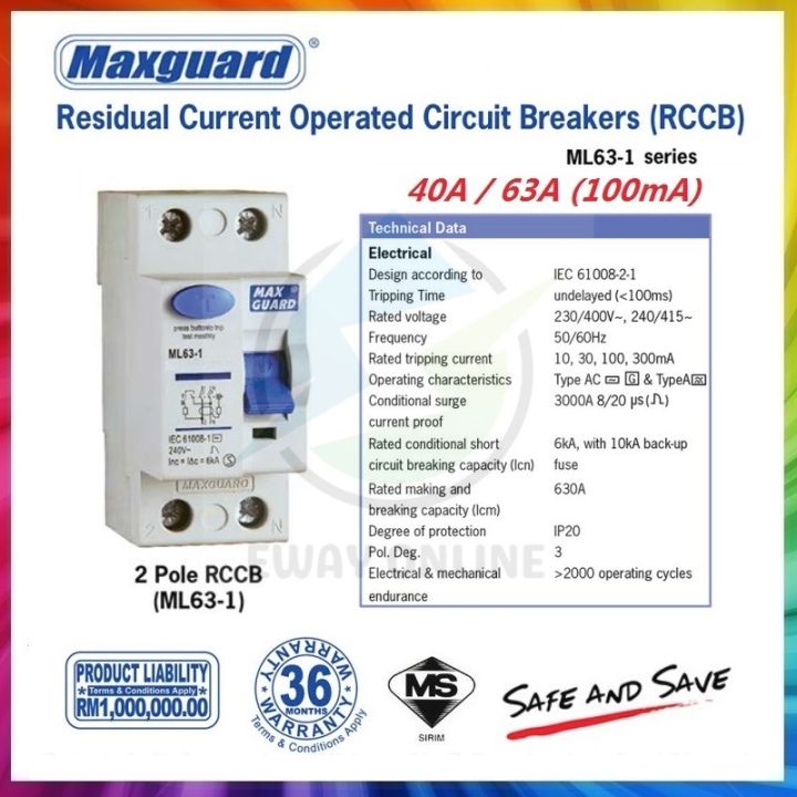 MAXGUARD 40A / 63A 2 Pole RCCB (Single Phase) | Lazada