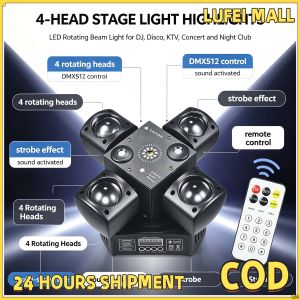 Mini portable shaking stage effect light with 4 arms DMX controllable LED RGBW beam with red and green laser strobe and 3-in-1 function suitable for disco DJ parties and mobile LED dance floor lights - supports DMX 512