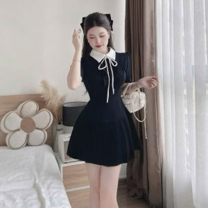 Đầm tiểu thư váy công sở đầm đi tiệc Mango ngắn tay suông phồng bèo phối cổ đính nơ xếp ly xoè có quần thanh lịch dễ thương
