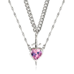 AE New European and American hot-selling product: red crystal heart dagger pendant layered necklace with French design sense womens collarbone chain