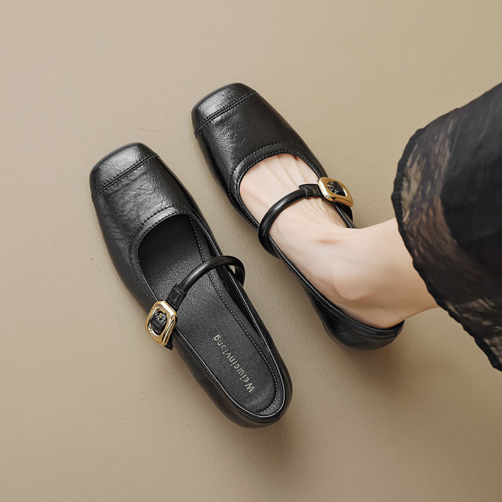 Square Head Pumps Female Height Increasing Insole Word Strap LowCut