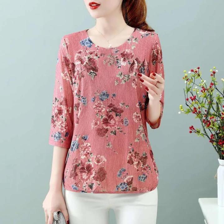Ladies Tshirt 2021 Summer New Floral Threequarter Sleeve Shirt Korean