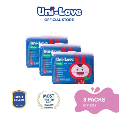 Uni-Love Airpro Baby Diaper 30s (Large) Pack of 3 - Hypoallergenic | Super Absorbent | Ultrasoft | Neutralizes PH Level | Double Leakguard | Taped type | Breathable