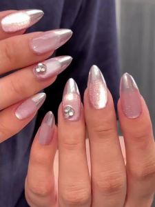 100% HANDMADE Artificial Nail Almond Shape Dusty Pink Cats eye Embellished with Diamonds Phototpy Press on Nails Reusable and Removable Nails with Toolkit