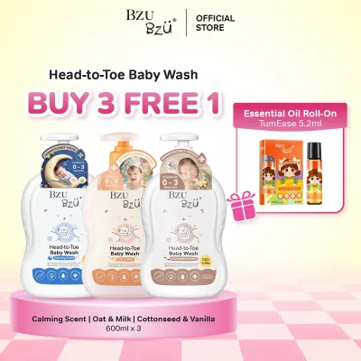 [Buy 3 FREE 1] BZU BZU Head-to-Toe Baby Wash (600ml x3) FREE TumEase Essential Oil Roll-On 5.2ml