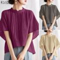ZANZEA Korean Style Women Summer Solid Color Pleated High-Low Blouses Stand Collar Raglan Sleeve Tops #0929. 