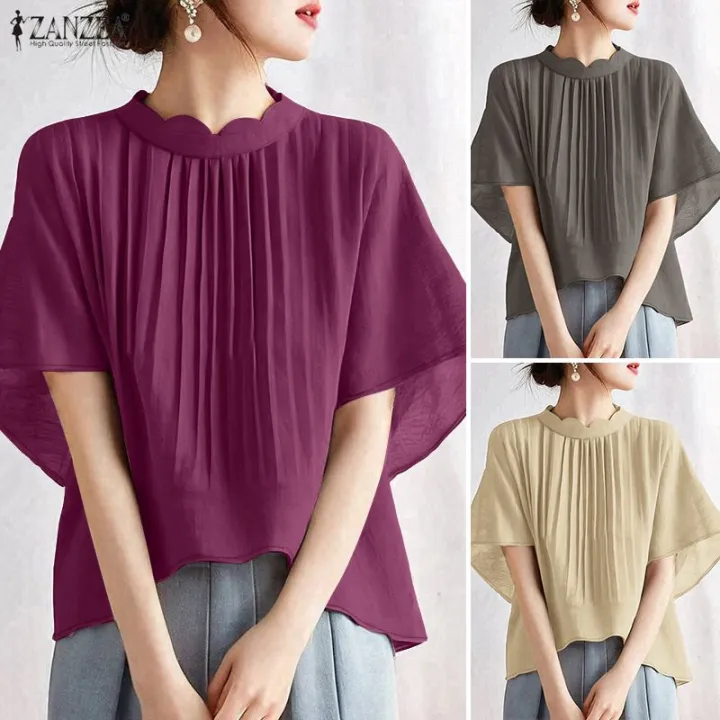 ZANZEA%20Korean%20Style%20Women%20Summer%20Solid%20Color%20Pleated%20High-Low%20Blouses%20Stand%20Collar%20Raglan%20Sleeve%20Tops%20#0929%20-%20Image%204