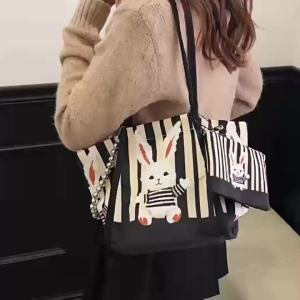 2025 New Striped Canvas Bag Cute Rabbit Shoulder Bag Niche Trendy Tote Bag Large Capacity