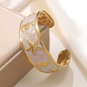 COVIEEZB Vỏ kim loại Vòng tay sao biển và cá ngựa Thiết kế men sứ Kiểu Nhỏ Giọt Dầu Vòng tay bằng thép không gỉ Trang sức thời trang Màu vàng Vòng tay hở Tiệc bãi biển
