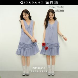 GIORDANO Women Dresses Two-Piece Set Lace Frill Trim Dresses Sleeveless Tie Neck Fashionable Casual Midi Drsses 18466821