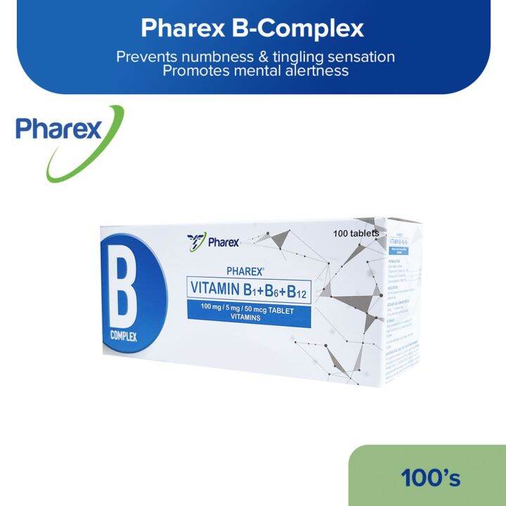 Pharex B-Complex Vitamin B1+B6+B12 100mg/5mg/50mcg 100 Tablets (Nerve ...