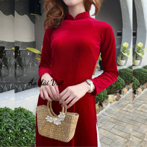 Áo dài nhung đỏ đô đậm 2 da cao cấp truyền thống mặc lễ tết mùa xuân may sẵn