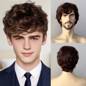 Cross-border foreign trade wig mens fashion oblique bangs brown fluffy short curly hair chemical fiber whole headgear