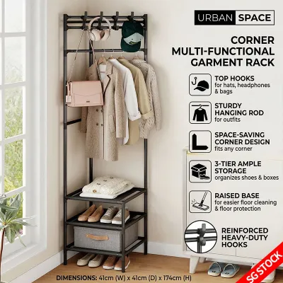 Three-Tier Coat Rack Corner Coat Rack with Shoe Storage Hanging Rack Hooks for Neat Organization