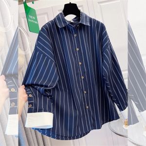 Retro Striped Women Shirts Korean Office Long Sleeve Female Casual Blouse Autumn All Match Button Turn Down Collar Ladies Tops