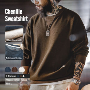 Maden Heavyweight Round Collar Chenille Sweater for Men Spring and Autumn Basic Styles Long-sleeved Pullover Navy Blue T-shirts2026