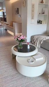 Cream Style Coffee Table Living Room Combination Tempered Glass Creative Designer High Sense Small Apartment Simple round Tea Table