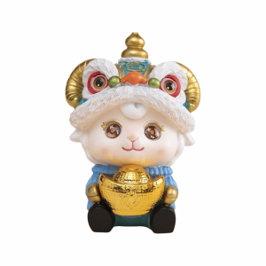 PYA94 Cute Lion Dance Sheep Figurine Chinese Style Gold Ingot Zodiac Sheep Statue Feng Shui Money Bag Resin Ornament Home Office Decor