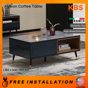 (FREE Installation+Shipping) KBS Rfiver High Gloss Coffee Table / Ceramic / Black Lacquered Finished / Drawer Storage / L110 x W60 H50 cm