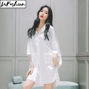 LuFashion Night Dress for Women Summer Chiffon Long Sleeve Blouse Pyjamas Home Clothes