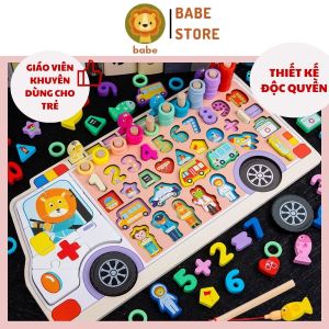 Bộ đồ chơi xếp hình câu cá học số đếm đồ vật hình xe cứu thương gỗ nổi 3D thông minh cho bé Montessori giáo dục sớm BABE STORE