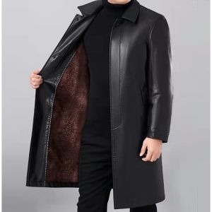 Winter Plush Insulation Middle-aged Elderly Mens PU Leather Jacket Casual Loose Mid Length Coats