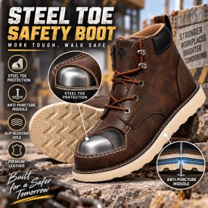 Men’s Retro Work Boots with Steel Toe Cap—impact Resistant and Puncture-resistant Safety Shoes for Sports Outdoor Activities Construction Sites and Industrial Work. Closed Boy Construction Warehouse Boots Brown