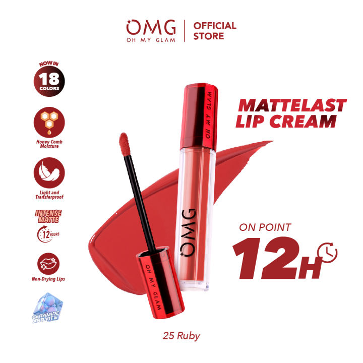 OMG OH MY GLAM Mattelast Lip Cream 25 Ruby 2.9 g - Lip Cream Matte Dengan Warna Intense, Tahan Lama & Ringan