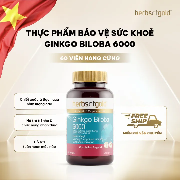 Viên Uống Bạch Quả Herbs of Gold Ginkgo Biloba 6000 – Hỗ Trợ Tuần Hoàn & Tập Trung Tinh Thần – Hộp 60 Viên