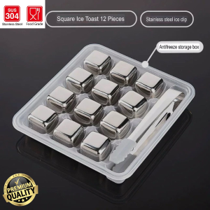 ES Batu Stainless Steel Gold Square Paket 4pcs / 6pcs / 8pcs / 12pcs dapat Reusable Capit Stainless Steel Plus Silicon Anti Licin Ice Cube