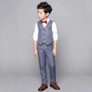 lonkids 3-12 Years Childrens Clothing Set 5 Pieces Long Sleeve Shirt + Vest + Pants + Bow Tie + Brooch for Kids Formal Clothing Set Gentleman Party Dress