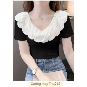 Aó thun cổ timáo phông cổ ren cách điệu vải cotton mềm mịn mát siêu xình mặc mùa hè đi làm đi chơi dạo phố