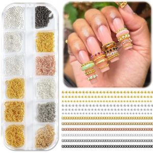 LUMIQLO Metal Nail Art Chains Beads 12 Grids Metallic Nail Art Accessories Set Gold Silver Color DIY Nail Embellishments Manicure