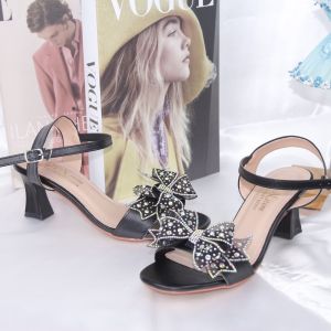 Giày sandal nữ cao gót kiểu 5p quai bản ngang kết nơ lưới đính đá lấp lánh SD68