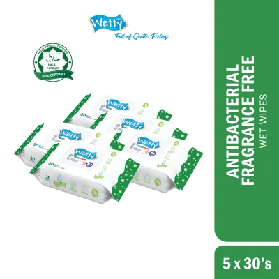 Wetty Antibacterial Fragrance Free Wet Wipes 30s (5 x 30s)