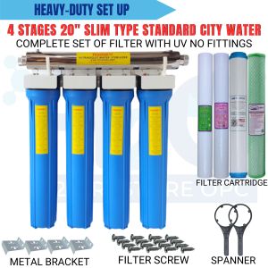 Water Filter 4 Stages 20" Slim Type Standard City Water with 6 GPM Uv Light No Fittings Complete Set up