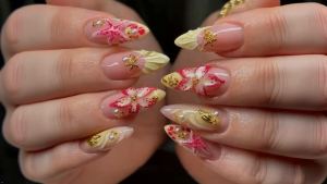 Long Almond Press on Nails 3D Flowers Fake Nail 30Pcs Yellow French Artificial Nail Rhinestones Charm Stick on Nail for Women Party Beach
