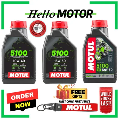 MOTUL 5100 4T 15W50 10W40 10W50 Semi Synthetic Technosynthese Ester Motorcycle Engine Oil 1L Minyak Hitam Oil Filter Y15
